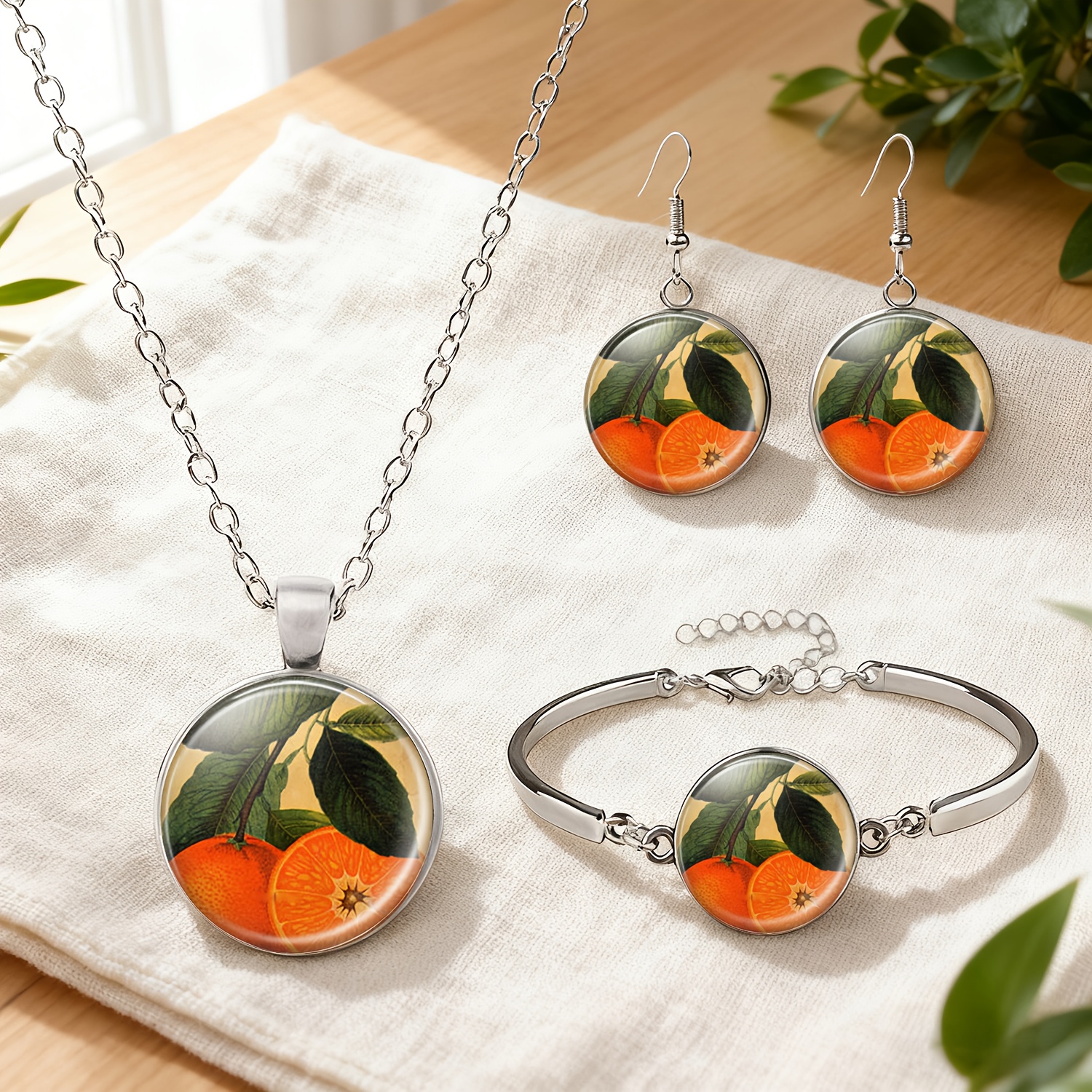 4pcs Set White Jewelry Set, Vibrant Fruit & Leaf Patterns